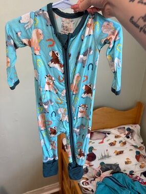 Birdie Bean Light Blue Horse-Print Zip Front Footie Pajamas